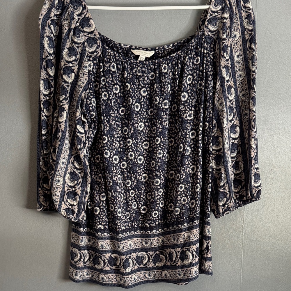 Lucky Brand Navy and Cream Patterned Blouse
